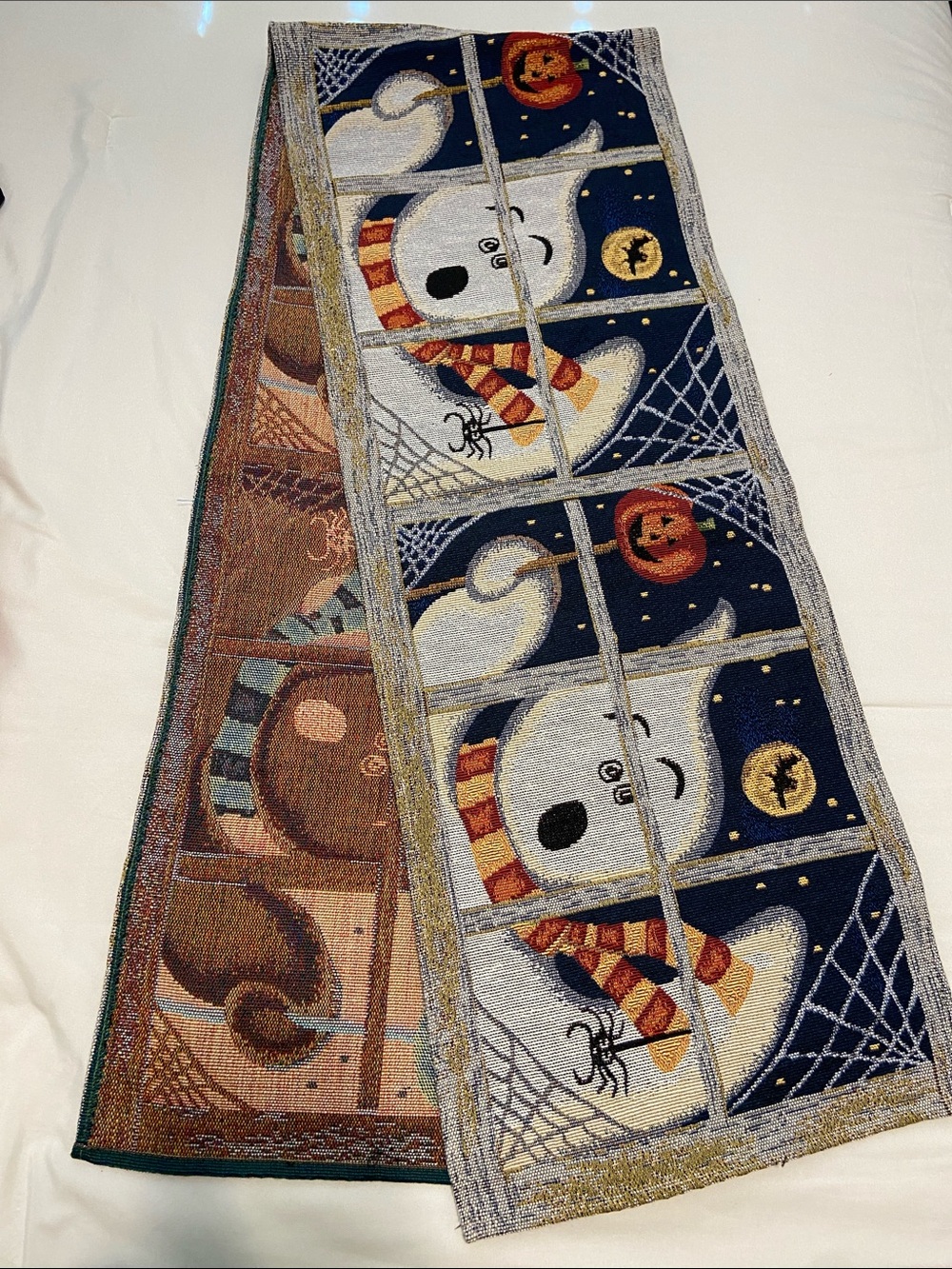 Halloween Ghost Tapestry table runner- Navy, White, Orange - Picture 2 of 3